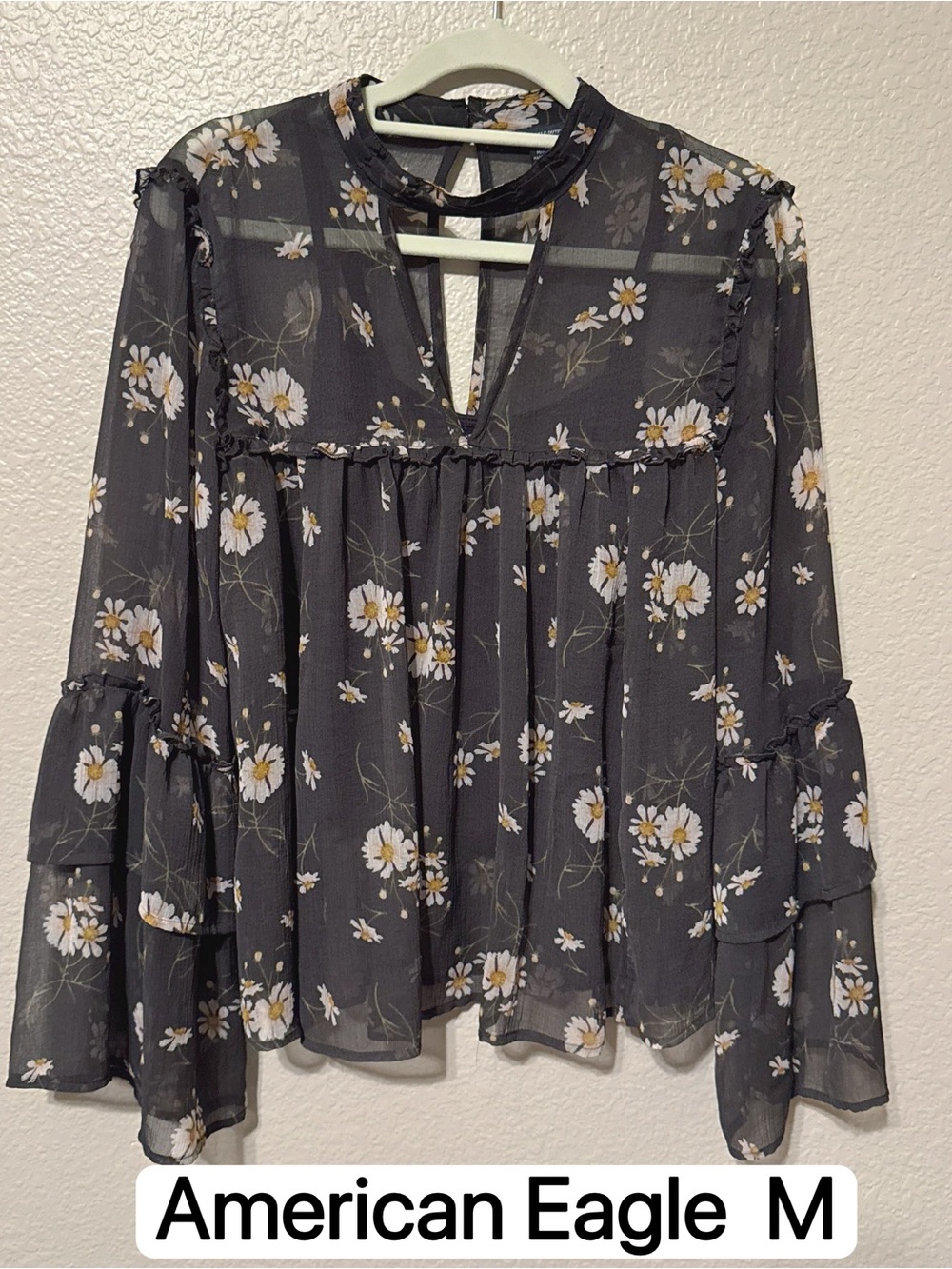 American Eagle Women's Floral Print Sheer Bell Sleeve Blouse